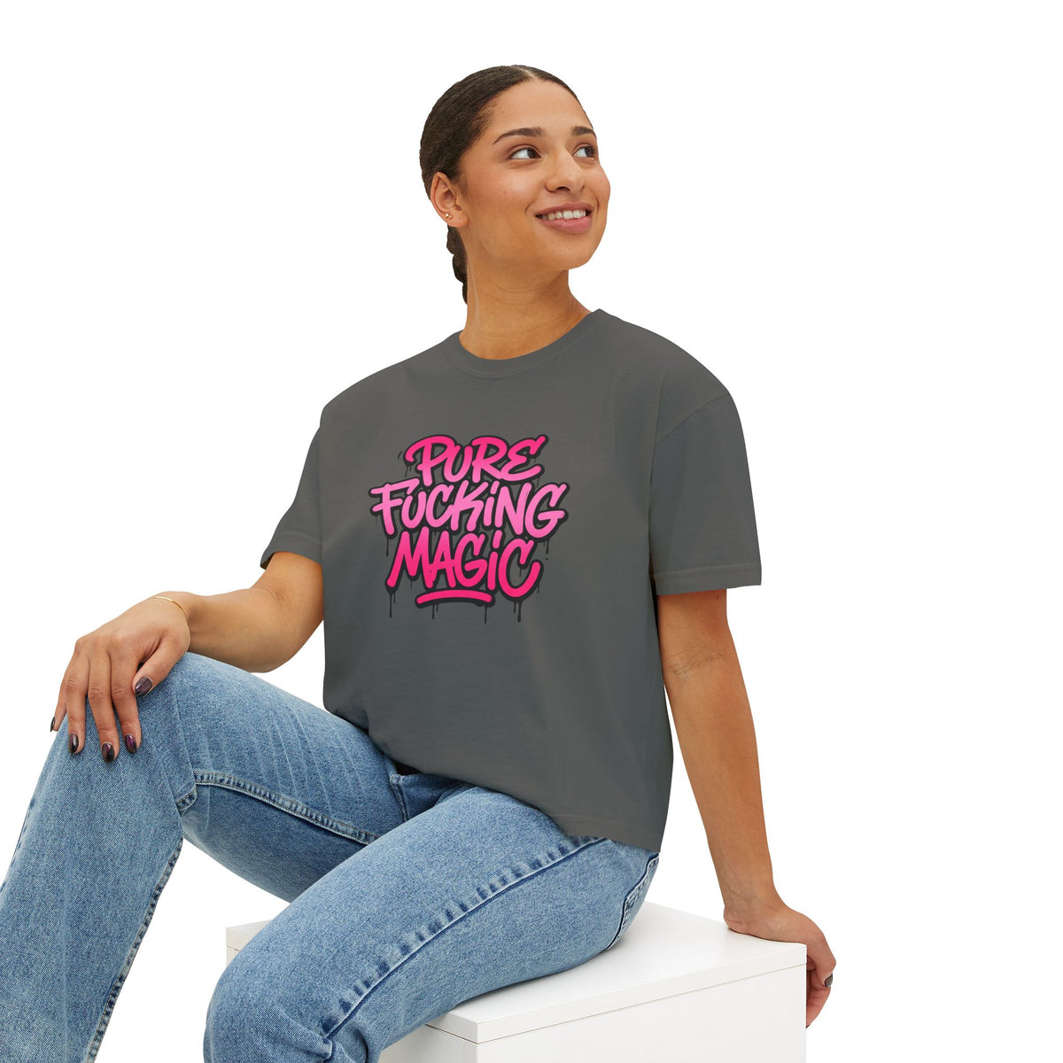 Boxy Tee — "Pure Fucking Magic" Pink Graffiti Graphic
