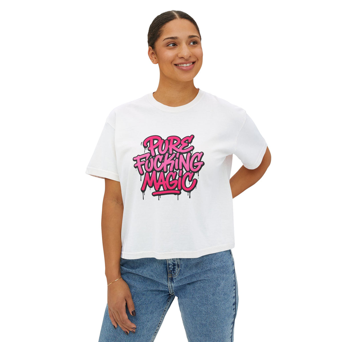 Boxy Tee — "Pure Fucking Magic" Pink Graffiti Graphic