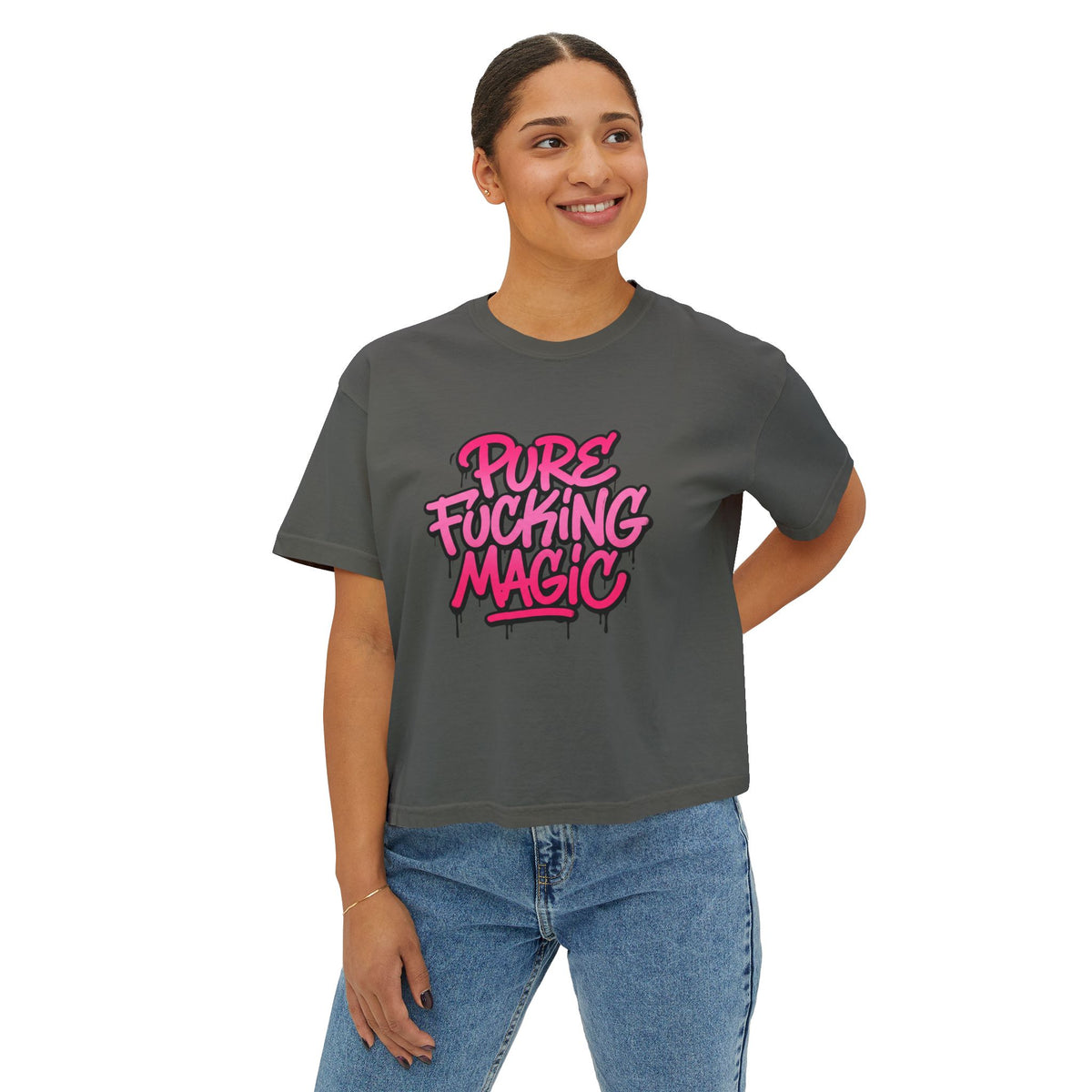 Boxy Tee — "Pure Fucking Magic" Pink Graffiti Graphic