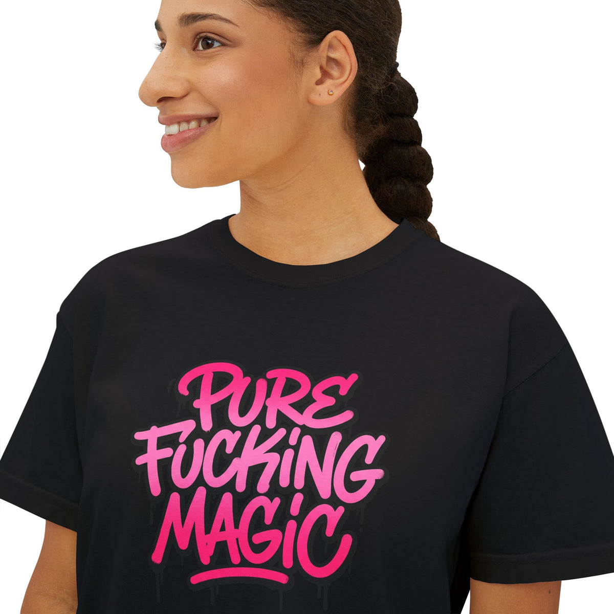 Boxy Tee — "Pure Fucking Magic" Pink Graffiti Graphic