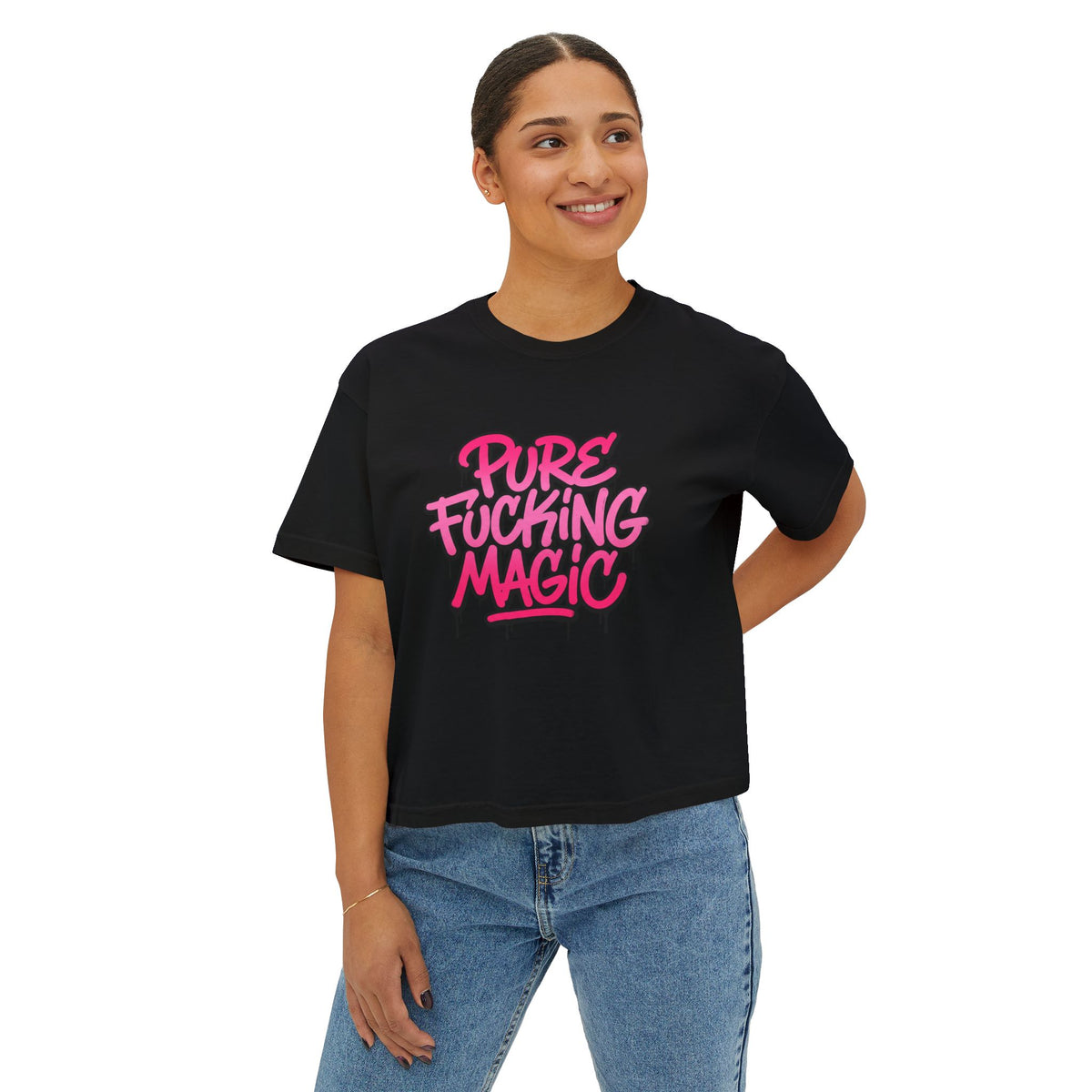 Boxy Tee — "Pure Fucking Magic" Pink Graffiti Graphic